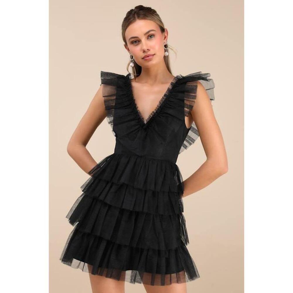 Lulus Striking Sensation Black Tulle Tiered Ruffled Mini Dress - Size S